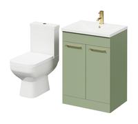 Turin Floor Standing Vanity Unit and Toilet Suite with 1 Tap Hole Basin and 2 Doors with Brushed Brass Handles | Olive Green | ABS Polished Chrome | 600mm