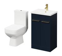 Turin Floor Standing Vanity Unit and Toilet Suite with 1 Tap Hole Basin and 2 Doors with Brushed Brass Handles | Deep Blue | ABS Polished Chrome | 500mm