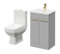 Turin Floor Standing Vanity Unit and Toilet Suite with 1 Tap Hole Basin and 2 Doors with Brushed Brass Handles | Gloss Grey Pearl | ABS Polished Chrome | 500mm