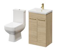 Turin Floor Standing Vanity Unit and Toilet Suite with 1 Tap Hole Basin and 2 Doors with Brushed Brass Handles | Light Oak | ABS Polished Chrome | 500mm