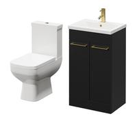 Turin Floor Standing Vanity Unit and Toilet Suite with 1 Tap Hole Basin and 2 Doors with Brushed Brass Handles | Nero Oak | ABS Polished Chrome | 500mm