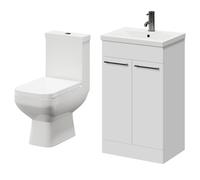 Turin Floor Standing Vanity Unit and Toilet Suite with 1 Tap Hole Basin and 2 Doors with Gunmetal Grey Handles | Gloss White | ABS Polished Chrome | 500mm