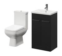 Turin Floor Standing Vanity Unit and Toilet Suite with 1 Tap Hole Basin and 2 Doors with Gunmetal Grey Handles | Nero Oak | ABS Polished Chrome | 500mm