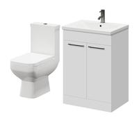 Turin Floor Standing Vanity Unit and Toilet Suite with 1 Tap Hole Basin and 2 Doors with Gunmetal Grey Handles | Gloss White | ABS Polished Chrome | 600mm