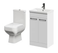 Turin Floor Standing Vanity Unit and Toilet Suite with 1 Tap Hole Basin and 2 Doors with Gunmetal Grey Handles | Gloss Grey Pearl | ABS Polished Chrome | 500mm