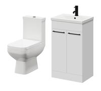 Turin Floor Standing Vanity Unit and Toilet Suite with 1 Tap Hole Basin and 2 Doors with Matt Black Handles | Gloss White | ABS Polished Chrome | 500mm