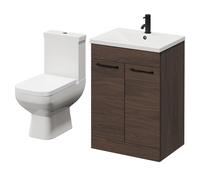 Turin Floor Standing Vanity Unit and Toilet Suite with 1 Tap Hole Basin and 2 Doors with Matt Black Handles | Brown Oak | ABS Polished Chrome | 600mm