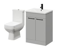 Turin Floor Standing Vanity Unit and Toilet Suite with 1 Tap Hole Basin and 2 Doors with Matt Black Handles | Gloss Grey Pearl | ABS Polished Chrome | 600mm