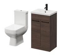 Turin Floor Standing Vanity Unit and Toilet Suite with 1 Tap Hole Basin and 2 Doors with Matt Black Handles | Brown Oak | ABS Polished Chrome | 500mm
