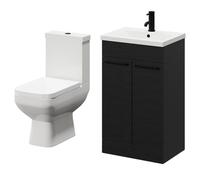 Turin Floor Standing Vanity Unit and Toilet Suite with 1 Tap Hole Basin and 2 Doors with Matt Black Handles | Nero Oak | ABS Polished Chrome | 500mm