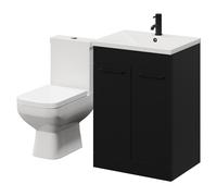 Turin Floor Standing Vanity Unit and Toilet Suite with 1 Tap Hole Glide Basin and 2 Doors with Handles | Matt Black | ABS Polished Chrome | 600mm