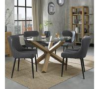 Turin Glass Dining Table Set - 4 Seater - 120cm - Round - Light Oak Legs - 4 Cezanne Dark Grey Faux Leather Chairs - Black Legs