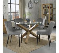 Turin Glass Dining Table Set - 4 Seater - 120cm - Round - Light Oak Legs - 4 Cezanne Grey Velvet Chairs - Black Legs