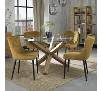 Turin Glass Dining Table Set - 4 Seater - 120cm - Round - Light Oak Legs - 4 Cezanne Mustard Velvet Chairs - Black Legs