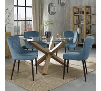 Turin Glass Dining Table Set - 4 Seater - 120cm - Round - Light Oak Legs - 4 Cezanne Petrol Blue Velvet Chairs - Black Legs