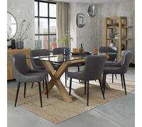 Turin Glass Dining Table Set - 6 Seater - 180cm - Light Oak Legs - 6 Cezanne Dark Grey Faux Leather Chairs - Black Legs