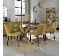 Turin Glass Dining Table Set - 6 Seater - 180cm - Light Oak Legs - 6 Cezanne Mustard Velvet Chairs - Black Legs
