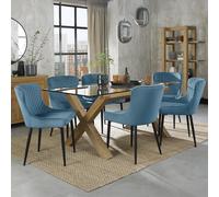 Turin Glass Dining Table Set - 6 Seater - 180cm - Light Oak Legs - 6 Cezanne Petrol Blue Velvet Chairs - Black Legs