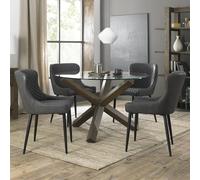 Turin Glass Round Dining Table - 4 Seater - 120cm - Dark Oak Legs - 4 Cezanne Dark Grey Faux Leather Chairs - Black Legs