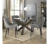 Turin Glass Round Dining Table - 4 Seater - 120cm - Dark Oak Legs - 4 Cezanne Grey Velvet Chairs - Black Legs