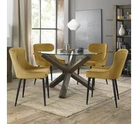 Turin Glass Round Dining Table - 4 Seater - 120cm - Dark Oak Legs - 4 Cezanne Mustard Velvet Chairs - Black Legs
