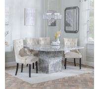 Turin Grey Marble Square Dining Set - Knocker Back Champagne Velvet Fabric Dining Chair with Black Wooden Legs