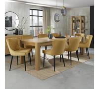 Turin Light Oak Extending Dining Table Set - 6-10 Seater - 165cm-225cm - 8 Cezanne Mustard Velvet Chairs - Black Legs