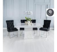 Turin White Marble Square Dining Set - Black Fabric Lion Head Ring Back Dining Chair with Chrome Legs