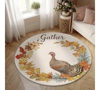 Turkey Area Rug, Thanksgiving Autumn Leaves Wreath Thanksgiving Orange Low Pile Foam Round Floor Carpets Edge Binding Rugs for Living Room Bedroom Under Bed Apartment Decor 5' X 5'