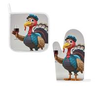 Turkey at Wine Tasting Oven Mitts and Pot Holders Set Heat Resistant Kitchen Oven Glove Insulated Potholders with Hanging Loop Non-Slip Cooking Gloves for Baking Grilling