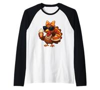 Turkey Drinking Coffee Bow Thanksgiving Womens Turkey Day Raglan Baseball Tee