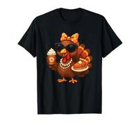 Turkey Drinking Coffee Bow Thanksgiving Womens Turkey Day T-Shirt
