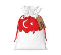 Turkey Flag Map Print Holiday Burlap Gift Bag With Drawstring, Small Party Favor Pouches For Christmas Gifting-S Size