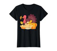 Turkey Pilgrim Pumpkin Autumn Fall Thanksgiving Maple Leaf Value Graphic T-Shirt, Women, Black, S