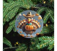 Turkey Pumpkin Bird Ceramic Christmas Ornament - 2 Pcs Xmas Tree Porcelain Hanging Ornaments, Round Farmhouse Pendant for Xmas Tree, Holiday Party Decorations & Festive Gift 2.8 Inch