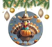 Turkey Pumpkin Bird Ceramic Christmas Ornaments with Gold String - Round Double Sided Porcelain Tree Decorations for Fireplace, Mantel, Wreath Holiday Party Decor (2.8 Inch)