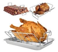 Turkey Roasting Rack, Large 304 Stainless Steel V Rack for Roasting Turkey and Rib, 12.5''x11'' BBQ Rib Rack for Oven, Big Green Egg and Kamado Joe with Stainless Steel Roasting Pan