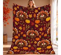Turkey Throw Blanket, Thanksgiving Autumn Pumpkins Leaf Thanksgiving Maroon Plush Blanket Lightweight Compact Aesthetic for Couch Sofa Bed Lap Desk Dorm Work 60x80 Inch