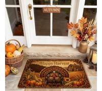Turkey Welcome Door Mat, Rustic Traditional Pumpkins Harvest Fall Brown Washable Low Profile Doormats for Floor Outdoor Decor for Front Door Entryway Patio 29x17 Inch