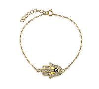 Turkish Amulet Talisman Delicate Dainty Evil Eye Hamsa Hand Charm Bracelet For Women Teens Cubic Zirconia CZ Gold Plated .925 Sterling Silver 7 8 Inch Adjustable Extender