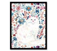 Turkish Angora and Floral Pattern White Cat Lover Framed Wall Art Artery8 Multi A4