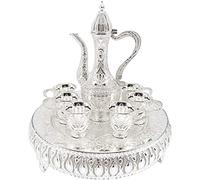 Turkish Coffee Cup and Tea Pot Set Including Teapot,Tea Tray,6 Metal Cups,Tea Service Set for Tea Table Decor,Hip Flask,Gift(Silver)