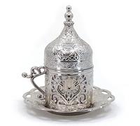 Turkish Coffee Cup with Floral Embossed Copper Shell, Lid, and Saucer, Authentic Gr rabic, Espresso Cup (5 Colors) (Silver)
