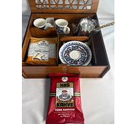 Turkish Coffee Gift Set for Two in Wooden Gift Box Perfect Starter Kit Ottoman Style Arabic Kahwa Medium Roast Grounded 200gr Pot UK