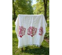 Turkish Cotton Printed Peshtemal, White Muslin Hammam Towel, Lightweight Quick Dry Beach Throw, Boho Style (red coral)