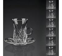 Turkish Crystal Glasses Cups Saucers Set, Clear Glasses with Handle, Vintage Glassware, Drinking Glasses and Tray for Coffee and Tea, Kitchen Decor (Style D, 6pcs)