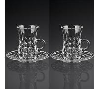 Turkish Crystal Glasses Cups Saucers Set, Clear Glasses with Handle, Vintage Glassware, Drinking Glasses and Tray for Coffee and Tea, Kitchen Decor