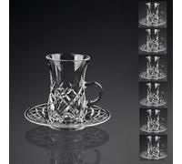 Turkish Crystal Glasses Cups Saucers Set, Clear Glasses with Handle, Vintage Glassware, Drinking Glasses and Tray for Coffee and Tea, Kitchen Decor (Style C, 6pcs)