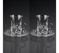 Turkish Crystal Glasses Cups Saucers Set, Clear Glasses with Handle, Vintage Glassware, Drinking Glasses and Tray for Coffee and Tea, Kitchen Decor (Style C, 2pcs)