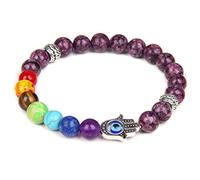 Turkish Evil Eye Bracelet Hand of Fatima Bracelets for Women Men Rose Quartzs Labradorite Beads Bangles Ethnic,Purple Granite,19cm